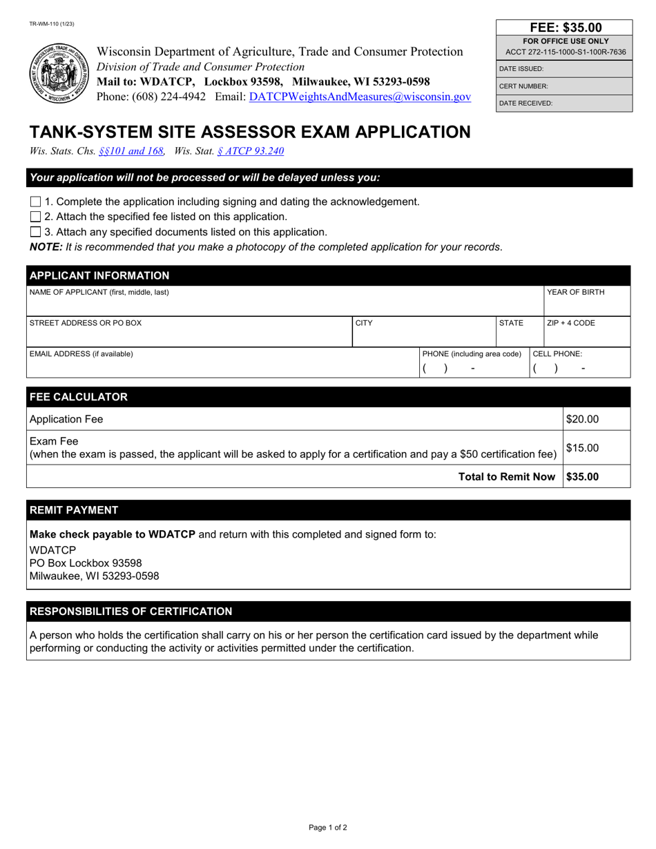 Form TR-WM-110 Tank-System Site Assessor Exam Application - Wisconsin, Page 1