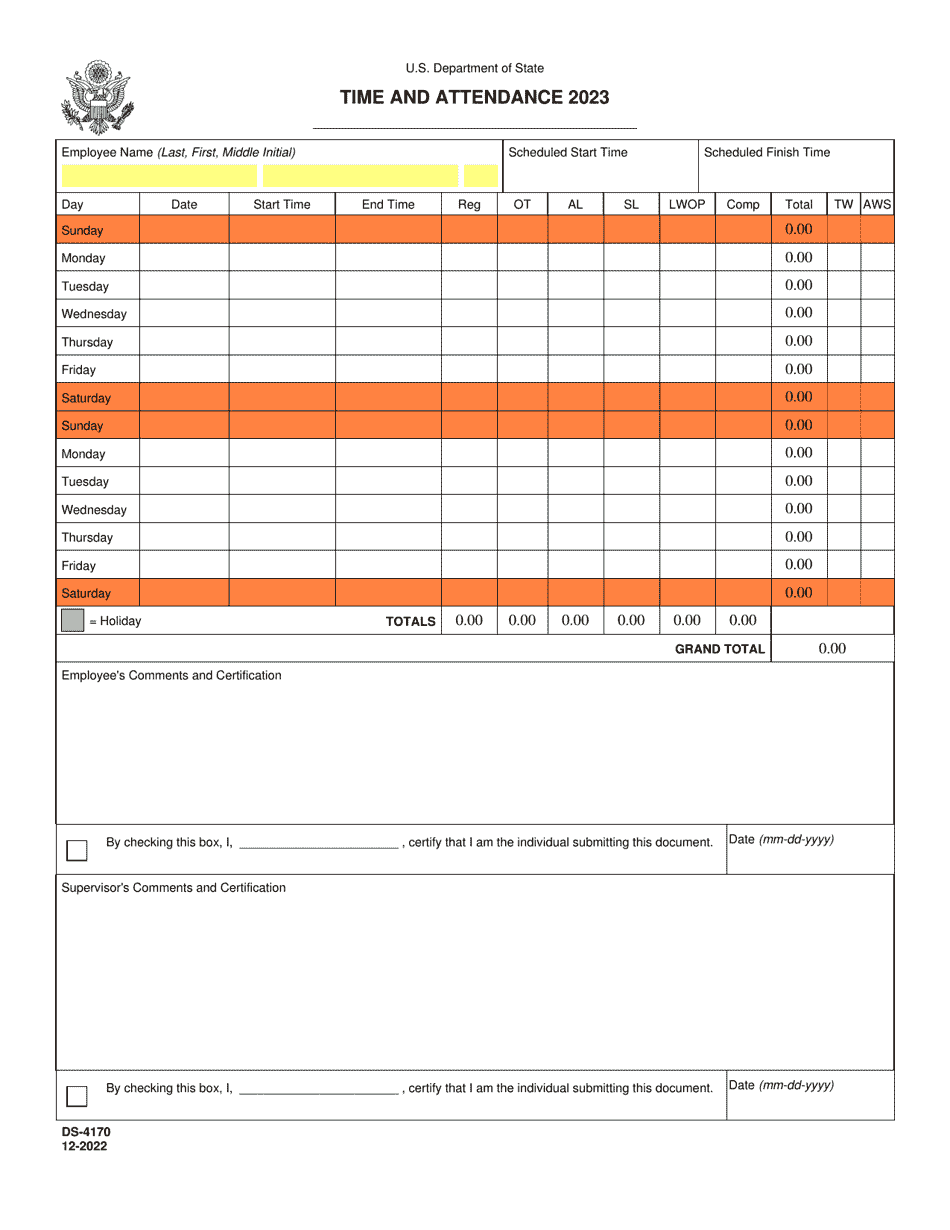 Form DS-4170 Time and Attendance, Page 1