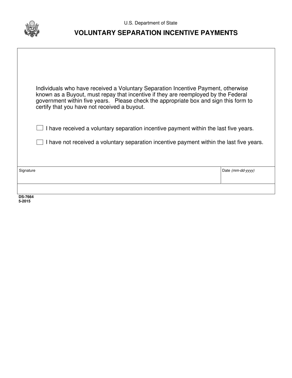 Form DS-7664 Voluntary Separation Incentive Payments, Page 1