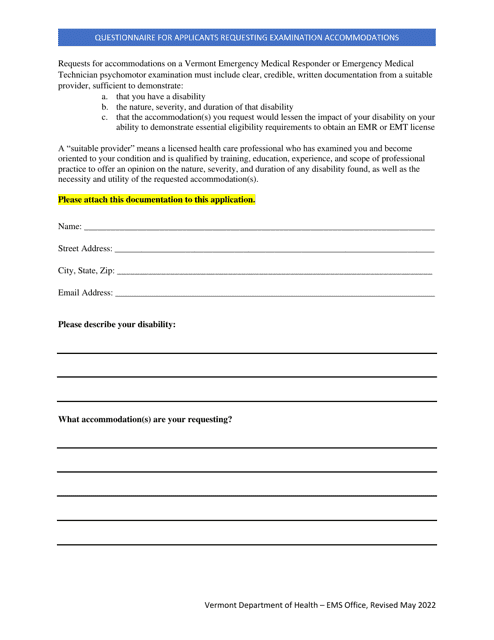Questionnaire for Applicants Requesting Examination Accommodations - Vermont Download Pdf