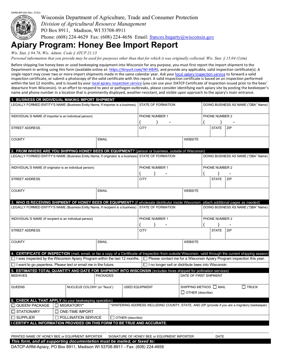 Form DARM-BPI-002 Apiary Program: Honey Bee Import Report - Wisconsin, Page 1