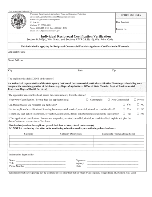 Form DARM-BACM-027  Printable Pdf