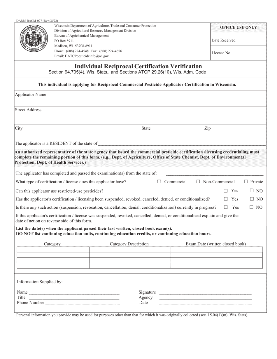 Form DARM-BACM-027 Individual Reciprocal Certification Verification - Wisconsin, Page 1