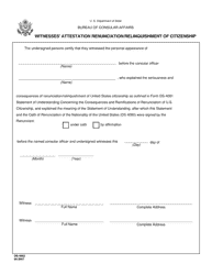 Document preview: Form DS-4082 Witnesses' Attestation Renunciation/Relinquishment of Citizenship
