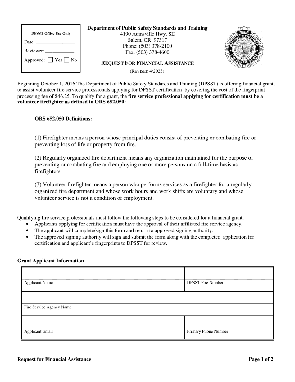 Request for Financial Assistance - Oregon, Page 1