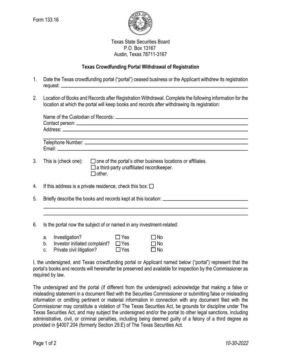 Form 133.16 Texas Crowdfunding Portal Withdrawal of Registration - Texas, Page 1