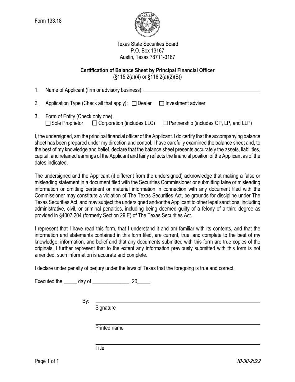 Form 133.18 Certification of Balance Sheet by Principal Financial Officer - Texas, Page 1