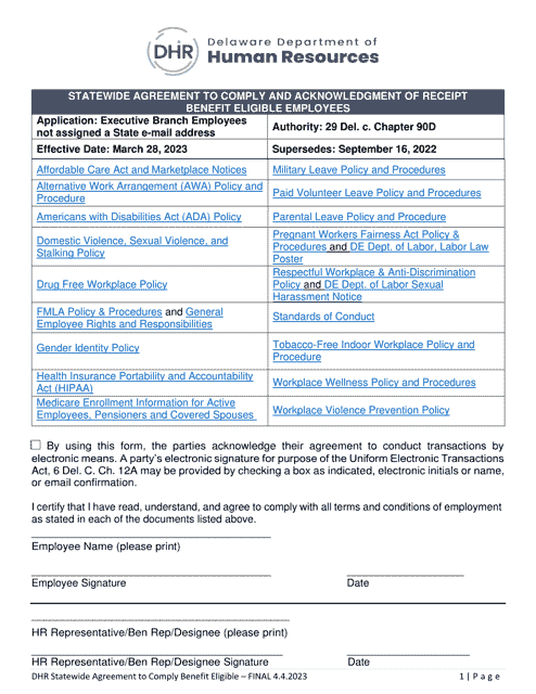 Statewide Agreement to Comply and Acknowledgment of Receipt Benefit Eligible Employees - Delaware Download Pdf