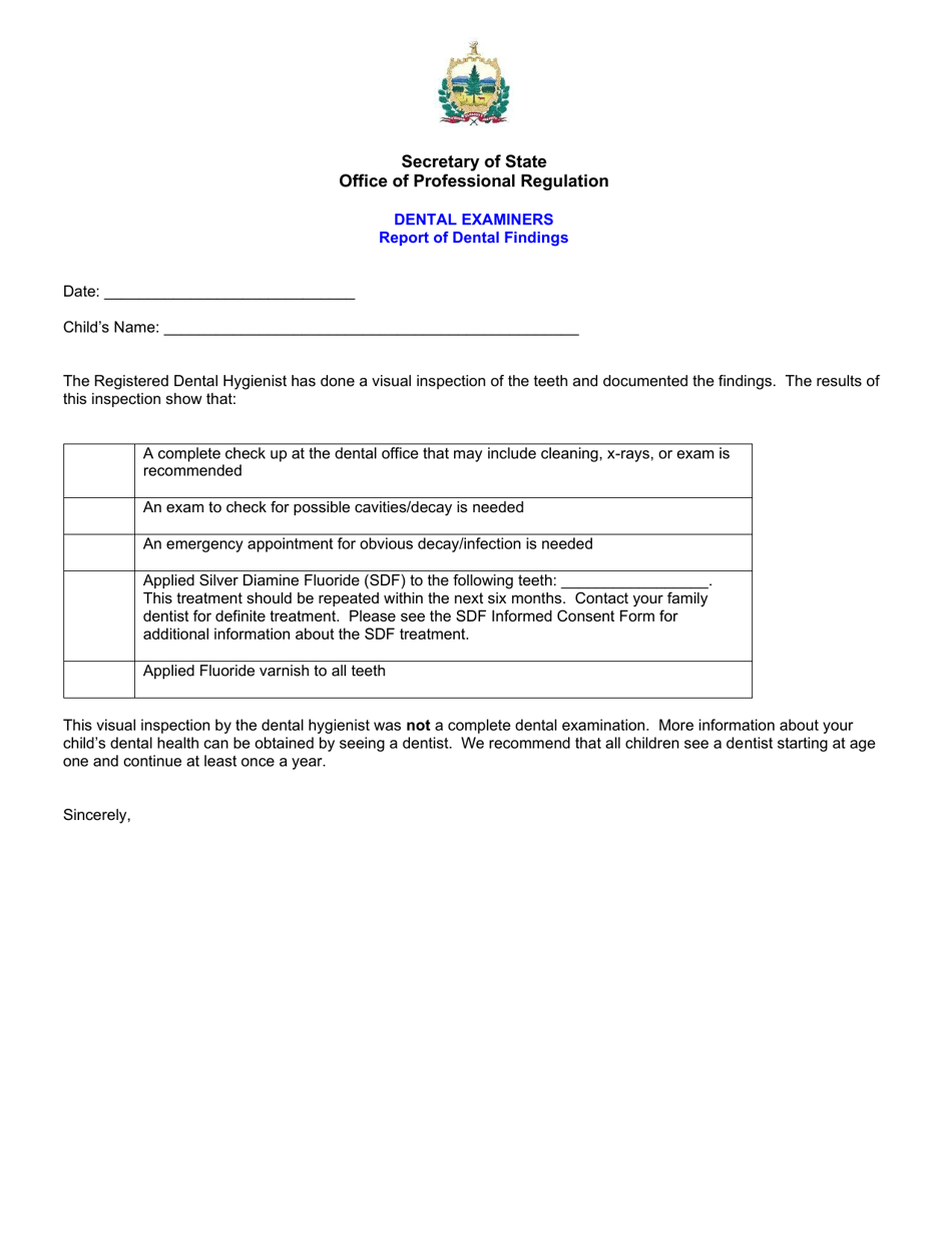 Report of Dental Findings - Vermont, Page 1