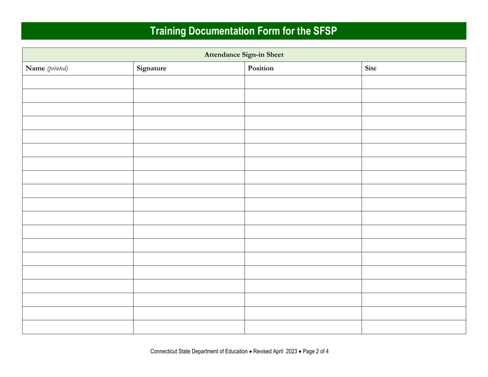 Training Documentation Form for the Summer Food Service Program (Sfsp) - Connecticut, Page 2