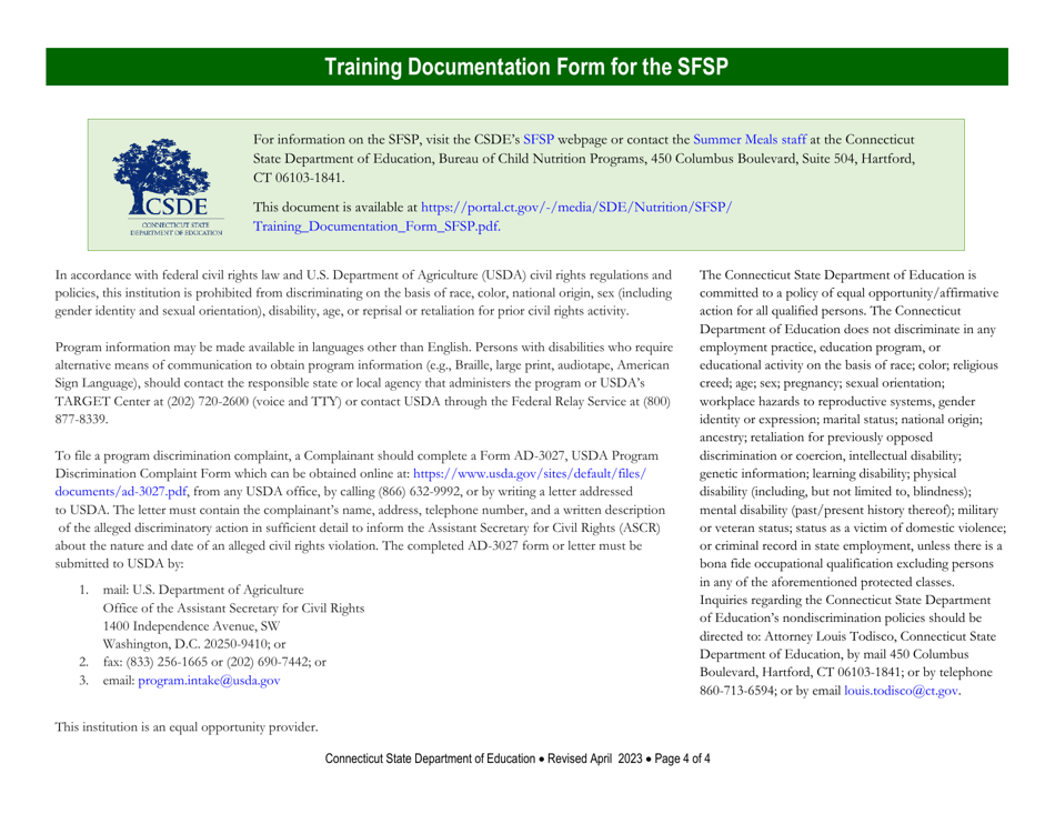 Training Documentation Form for the Summer Food Service Program (Sfsp) - Connecticut, Page 4