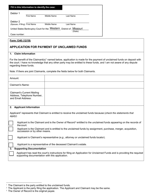 Form 1340 Application for Payment of Unclaimed Funds - Missouri