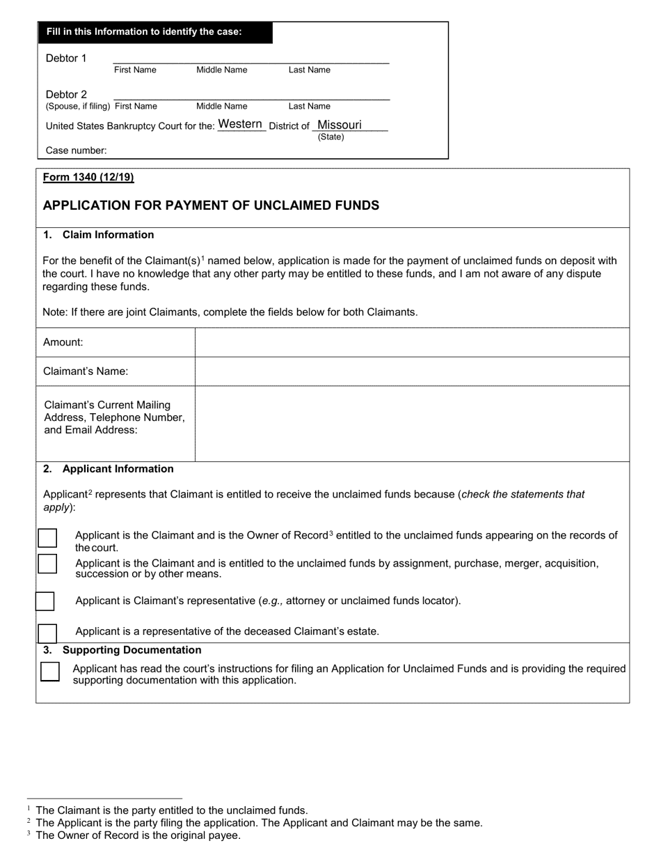 Form 1340 Application for Payment of Unclaimed Funds - Missouri, Page 1
