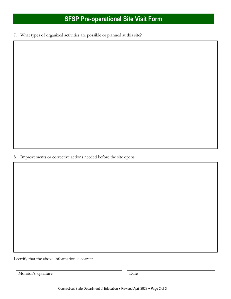 Summer Food Service Program (Sfsp) Pre-operational Site Visit Form - Connecticut, Page 2