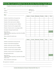 Weekly Meal Count Consolidation Form for the Summer Food Service Program (Sfsp) - Connecticut