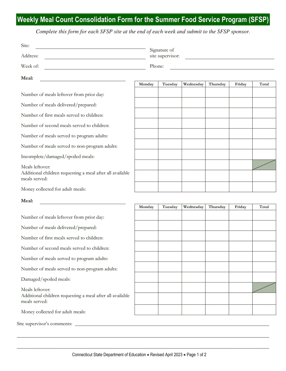 Weekly Meal Count Consolidation Form for the Summer Food Service Program (Sfsp) - Connecticut, Page 1
