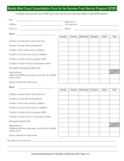 Weekly Meal Count Consolidation Form for the Summer Food Service Program (Sfsp) - Connecticut
