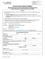 Vermont Advance Directive Registry Registration Agreement &amp; Authorization to Change Form - Vermont