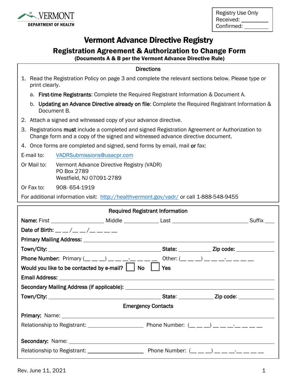 Vermont Advance Directive Registry Registration Agreement  Authorization to Change Form - Vermont, Page 1