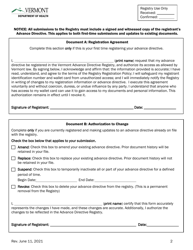 Vermont Advance Directive Registry Registration Agreement &amp; Authorization to Change Form - Vermont, Page 2