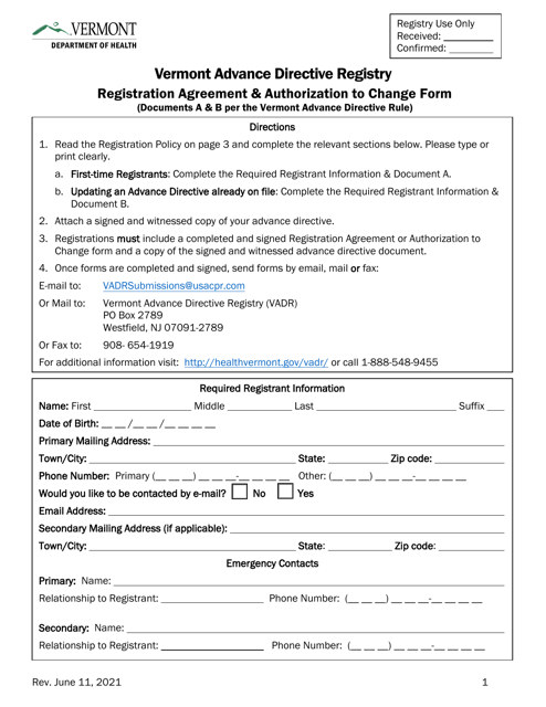 Vermont Advance Directive Registry Registration Agreement & Authorization to Change Form - Vermont Download Pdf