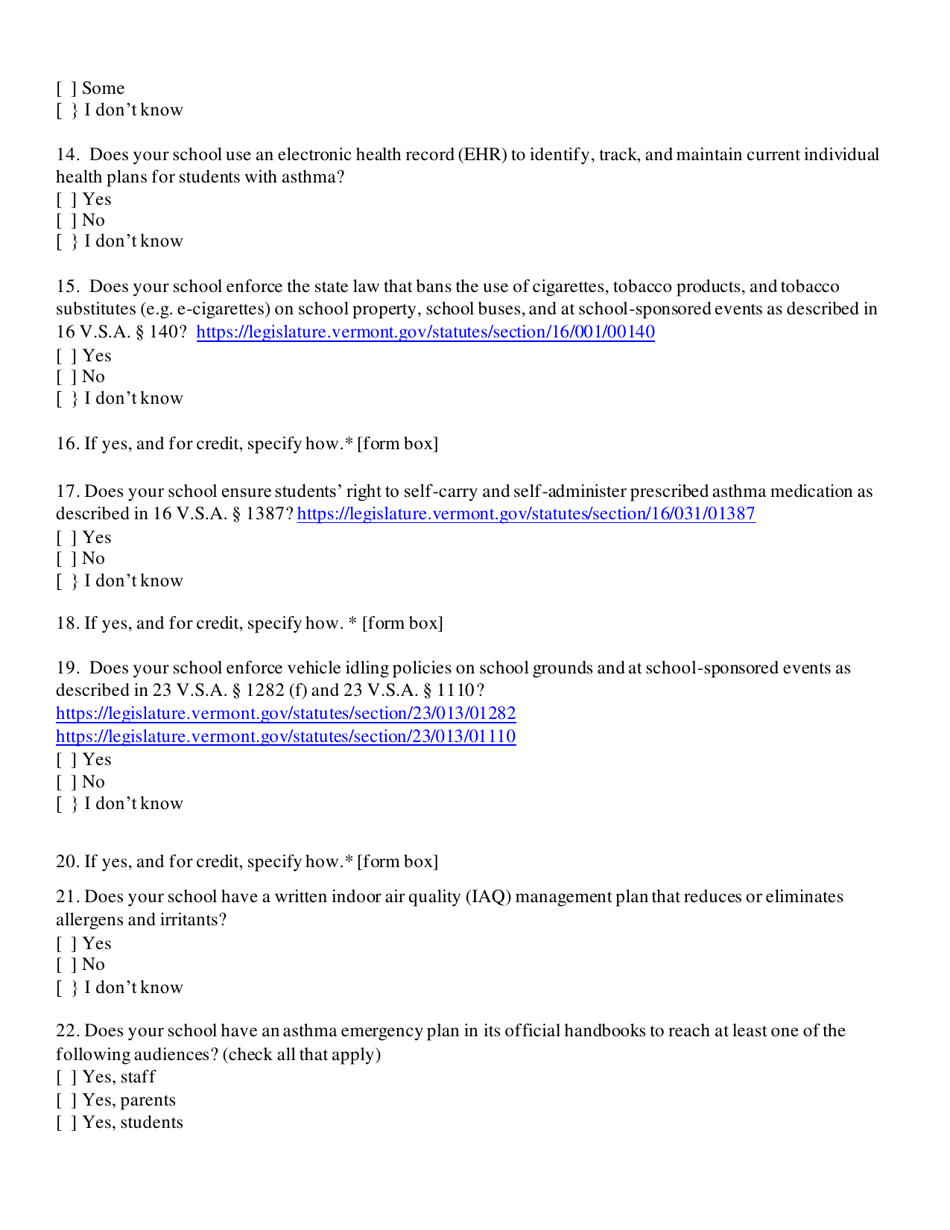 Asthma Friendly Schools Recognition Application - Vermont, Page 2