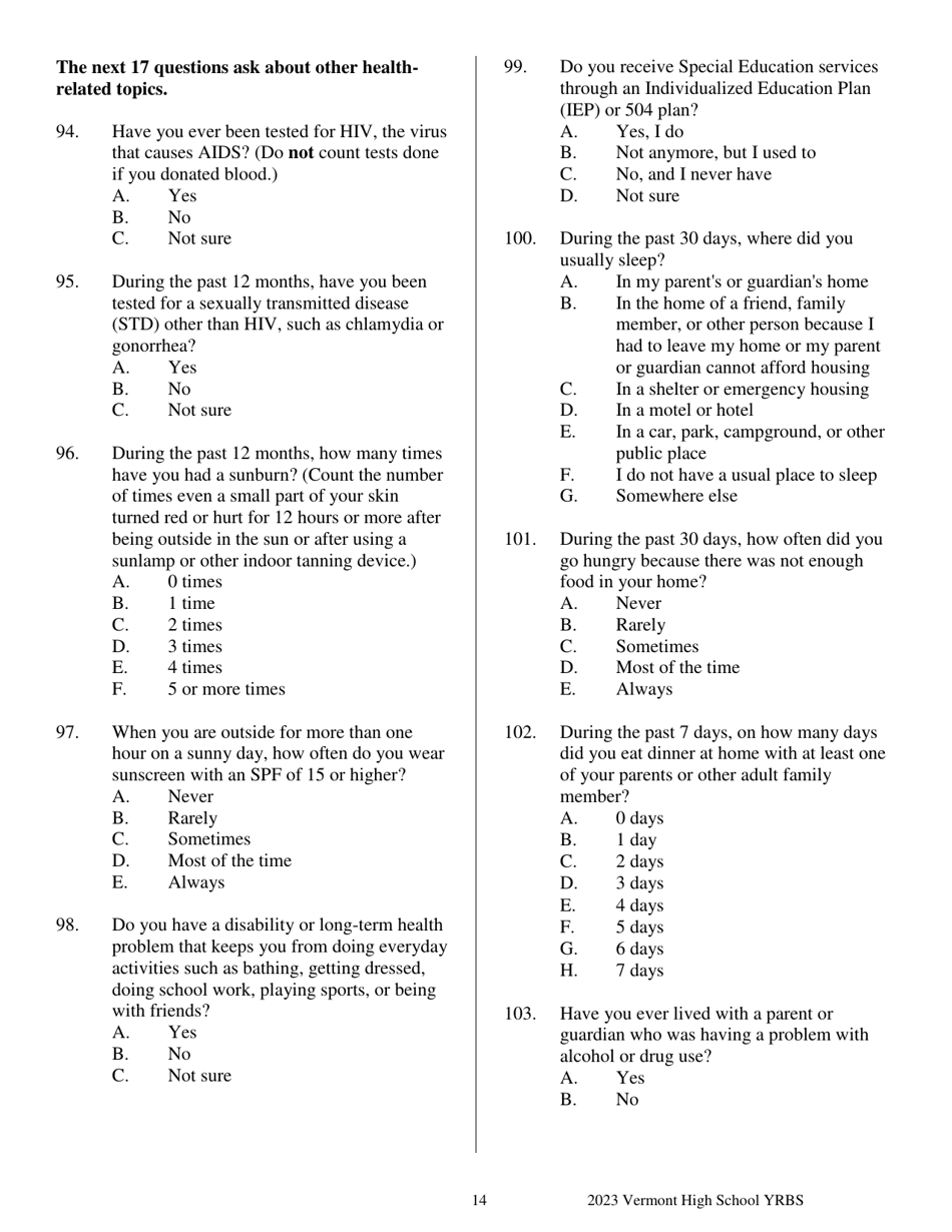 Vermont High School Youth Risk Behavior Survey - Vermont, Page 14