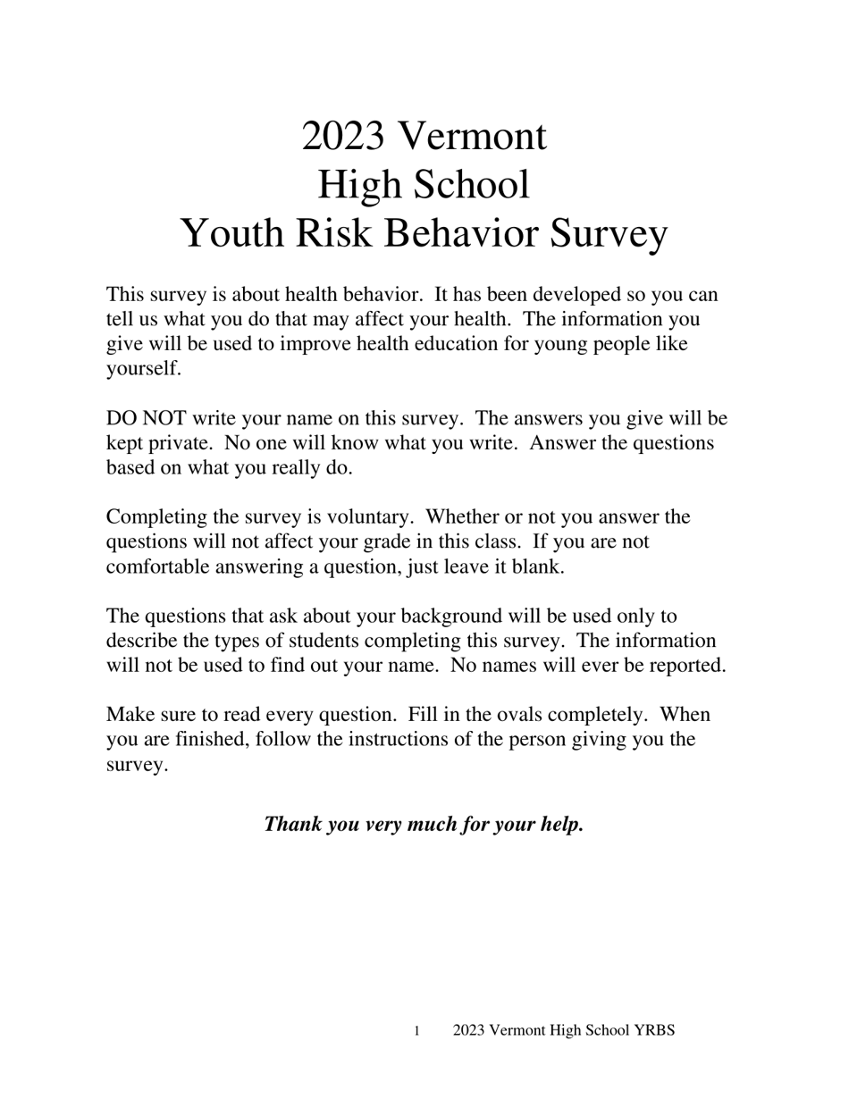 Vermont High School Youth Risk Behavior Survey - Vermont, Page 1