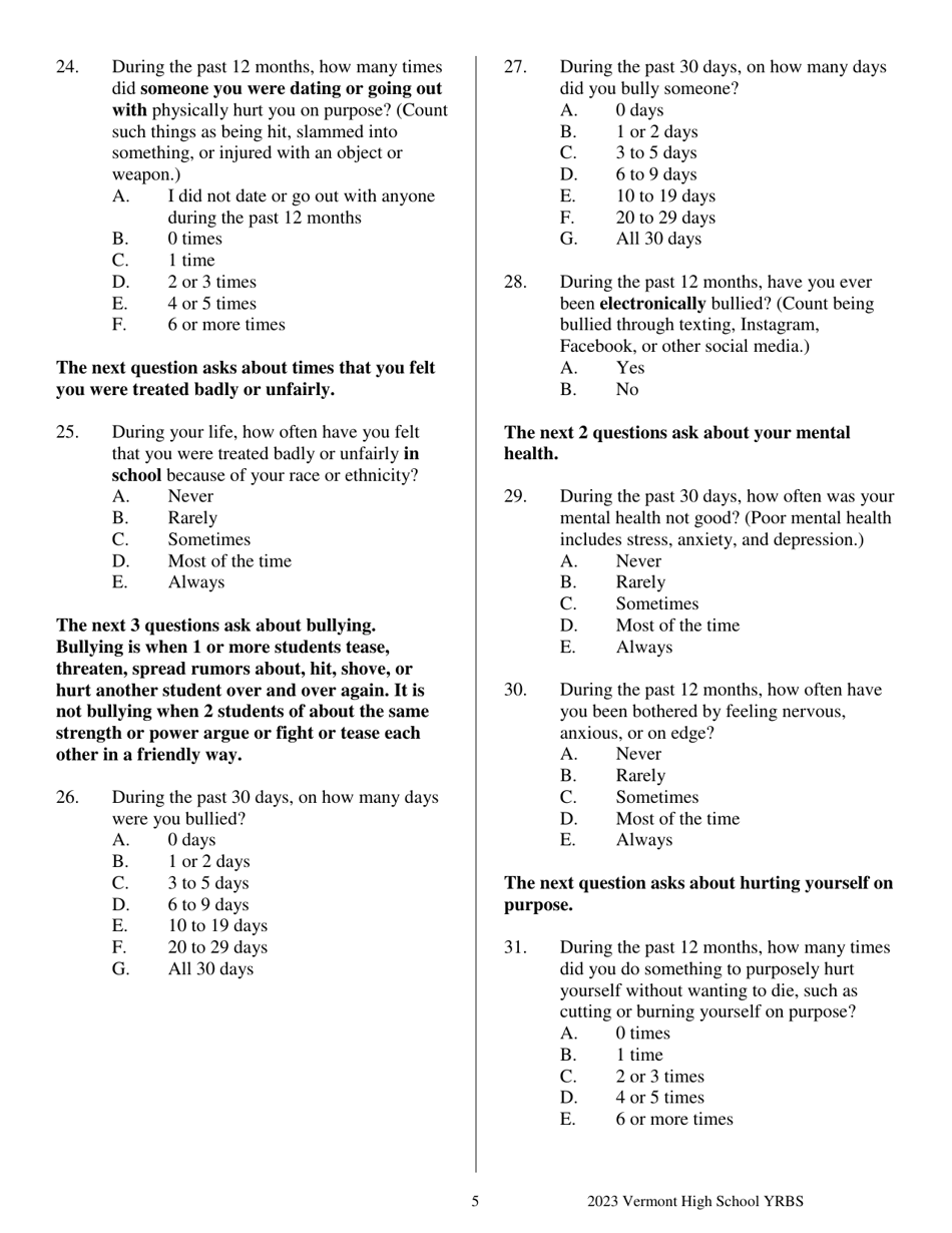 Vermont High School Youth Risk Behavior Survey - Vermont, Page 5