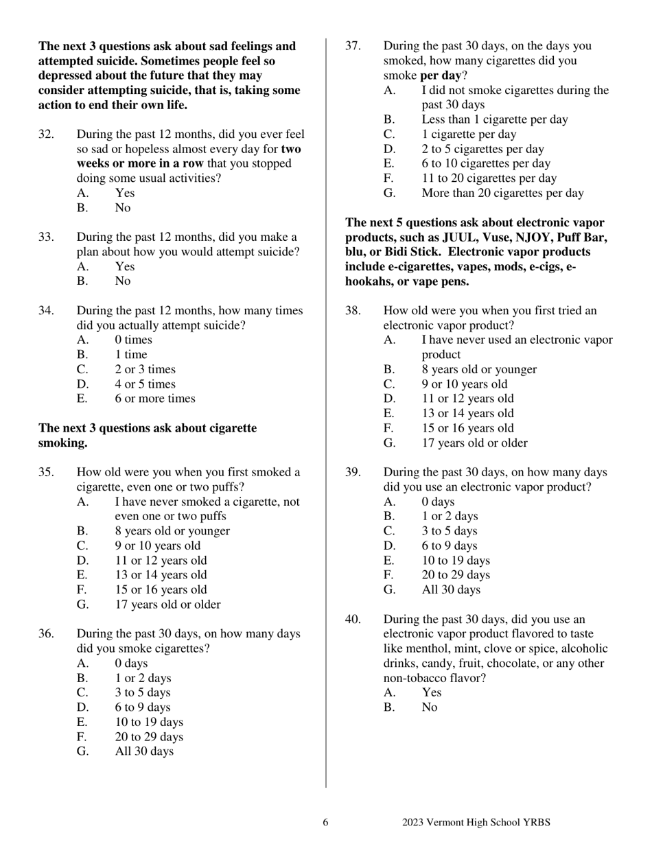 Vermont High School Youth Risk Behavior Survey - Vermont, Page 6