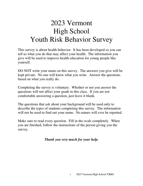 Vermont High School Youth Risk Behavior Survey - Vermont, 2023