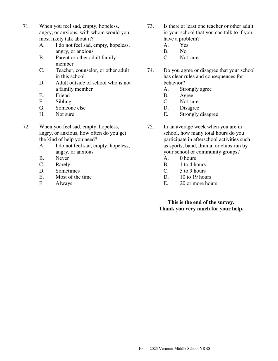 Vermont Middle School Youth Risk Behavior Survey - Vermont, Page 10
