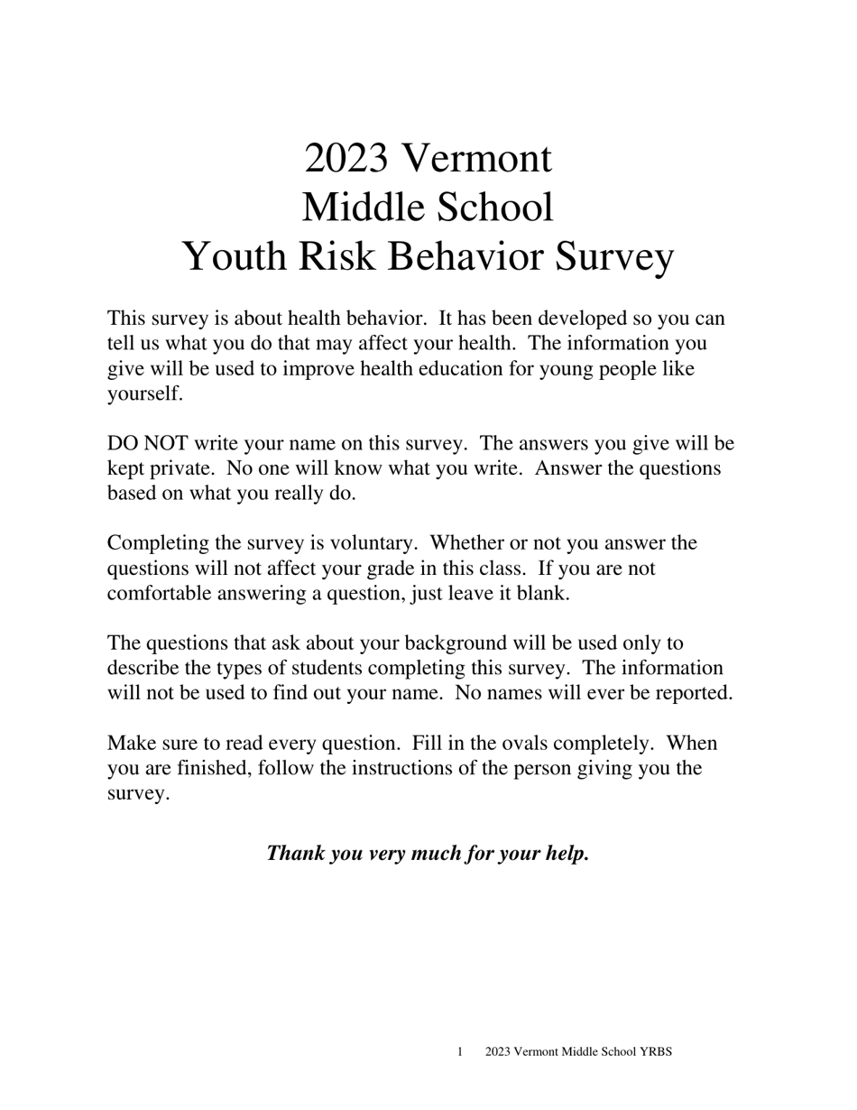 Vermont Middle School Youth Risk Behavior Survey - Vermont, Page 1