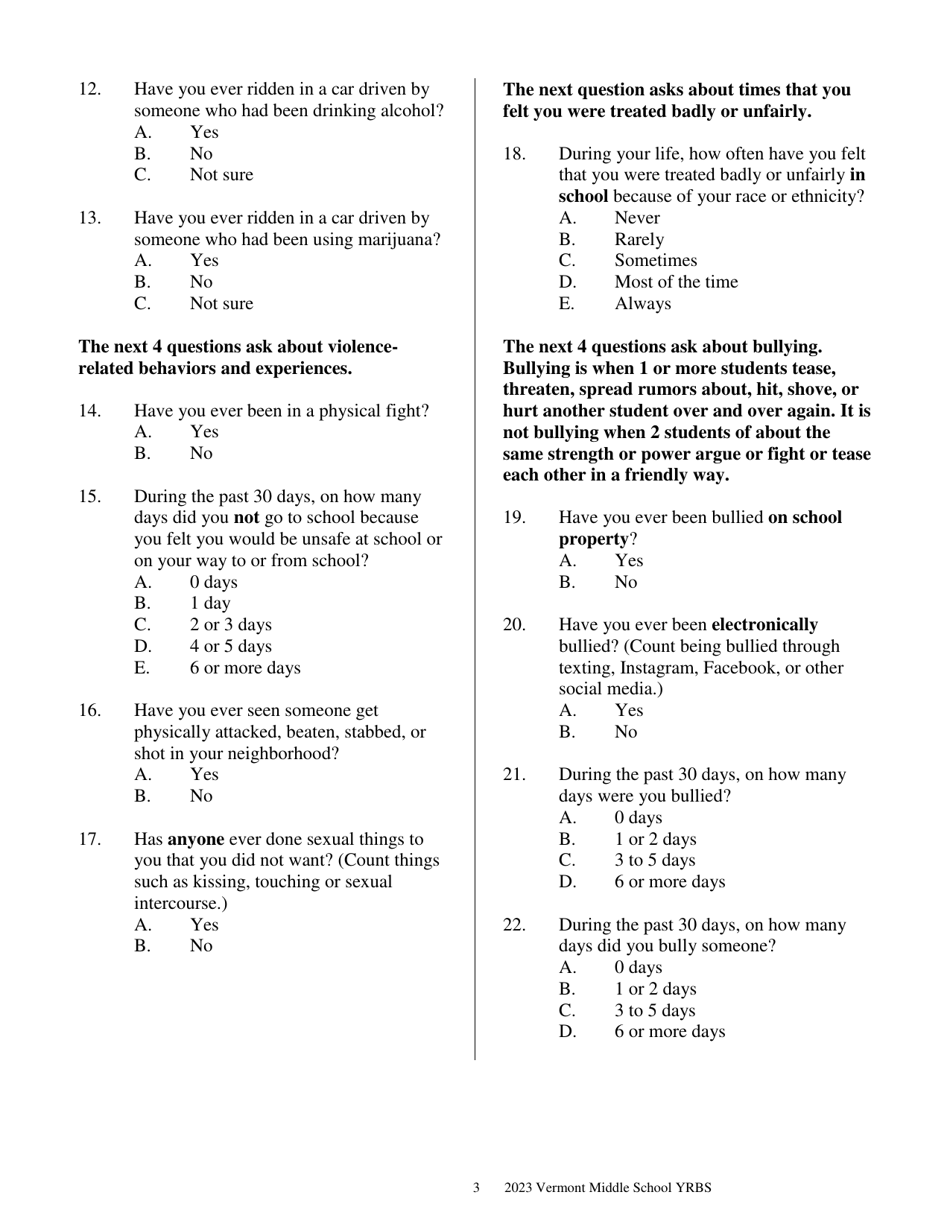 Vermont Middle School Youth Risk Behavior Survey - Vermont, Page 3