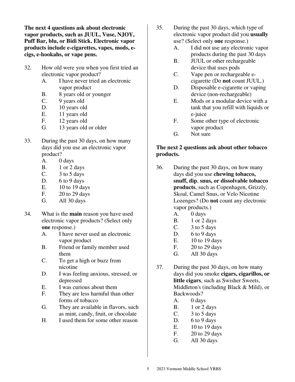 Vermont Middle School Youth Risk Behavior Survey - Vermont, Page 5