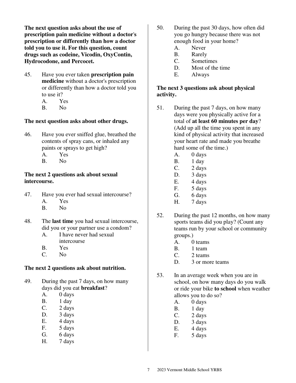 Vermont Middle School Youth Risk Behavior Survey - Vermont, Page 7
