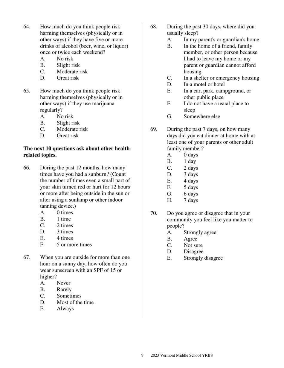 Vermont Middle School Youth Risk Behavior Survey - Vermont, Page 9