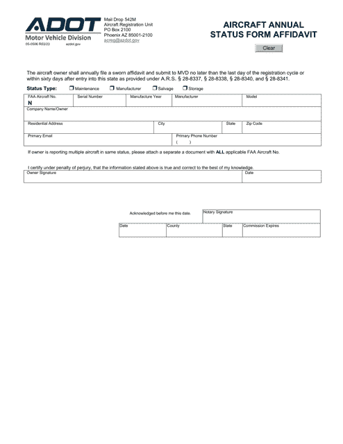 Form 05-0506 Aircraft Annual Status Form Affidavit - Arizona