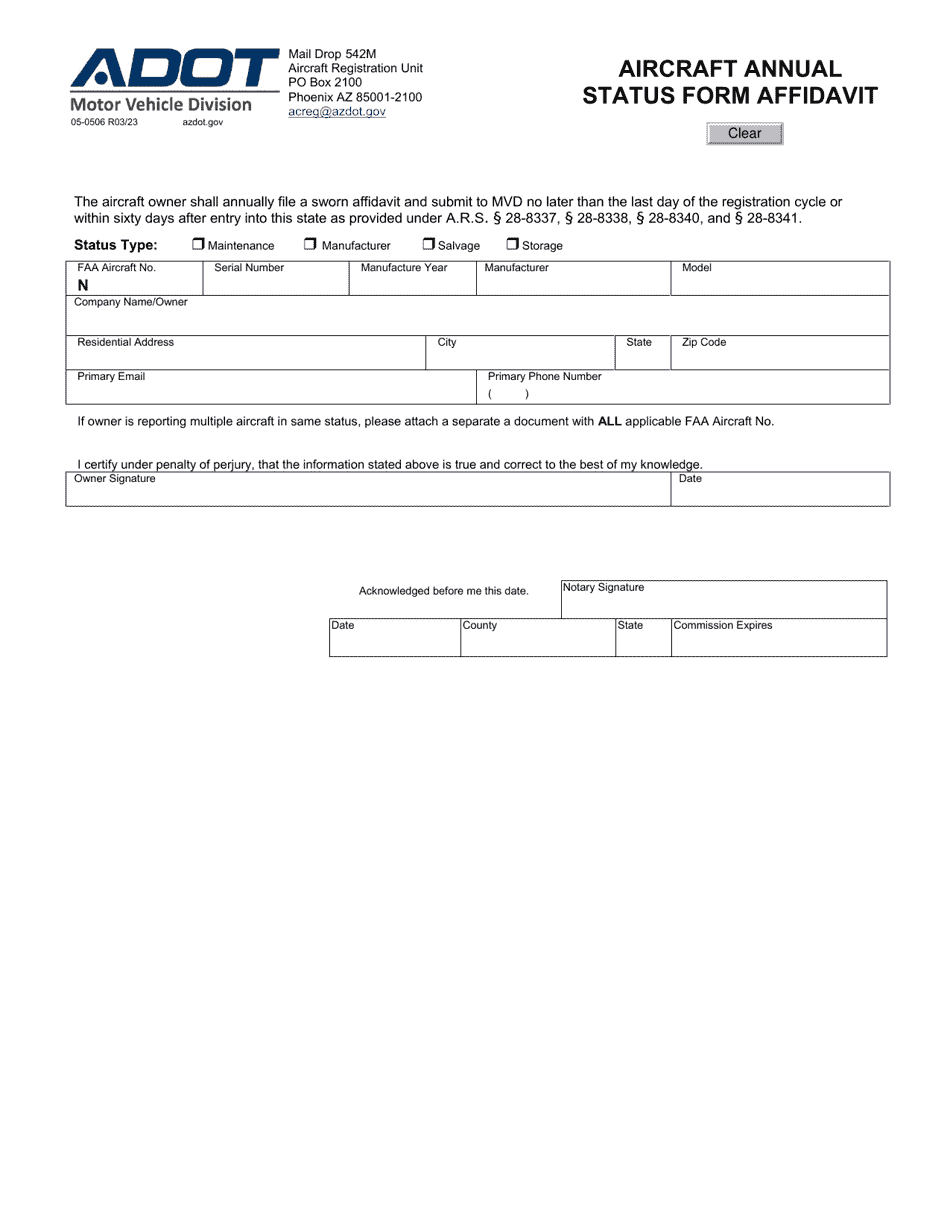 Form 05-0506 Aircraft Annual Status Form Affidavit - Arizona, Page 1