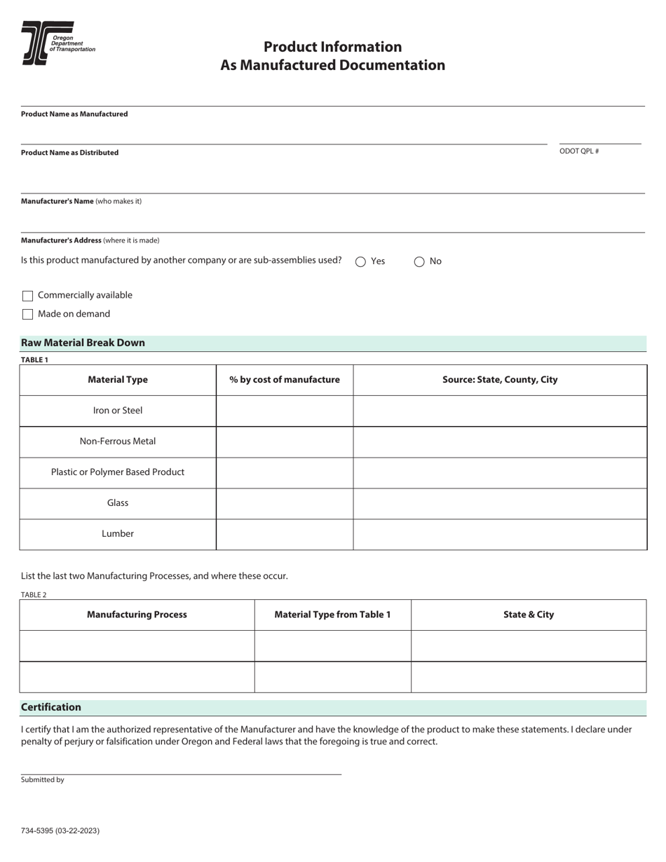 Form 734-5395 Product Information as Manufactured Documentation - Oregon, Page 1