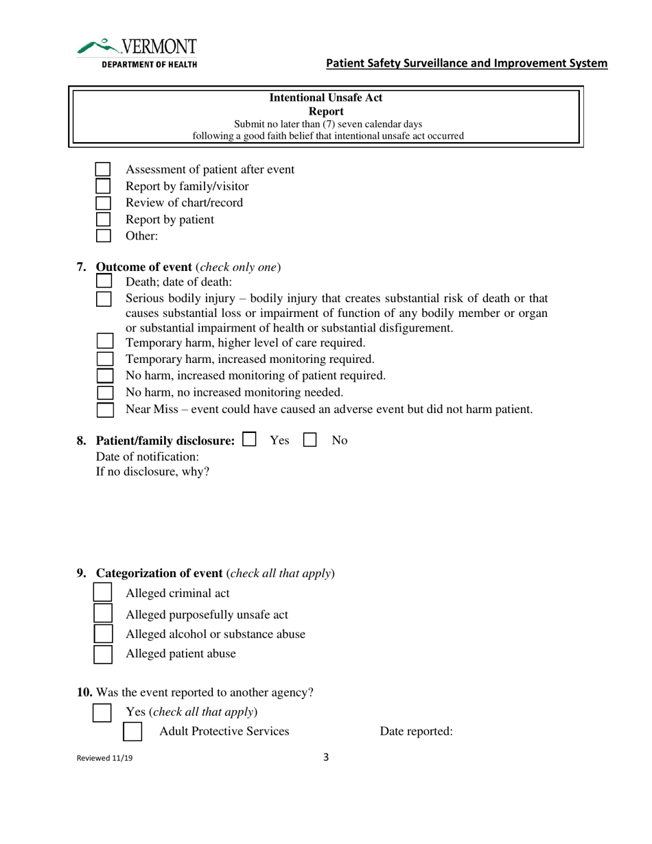 Intentional Unsafe Act Report - Vermont, Page 3