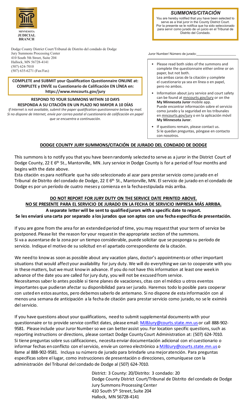 Summons and Qualification Questionnaire - Dodge County - Minnesota (English / Spanish), Page 1