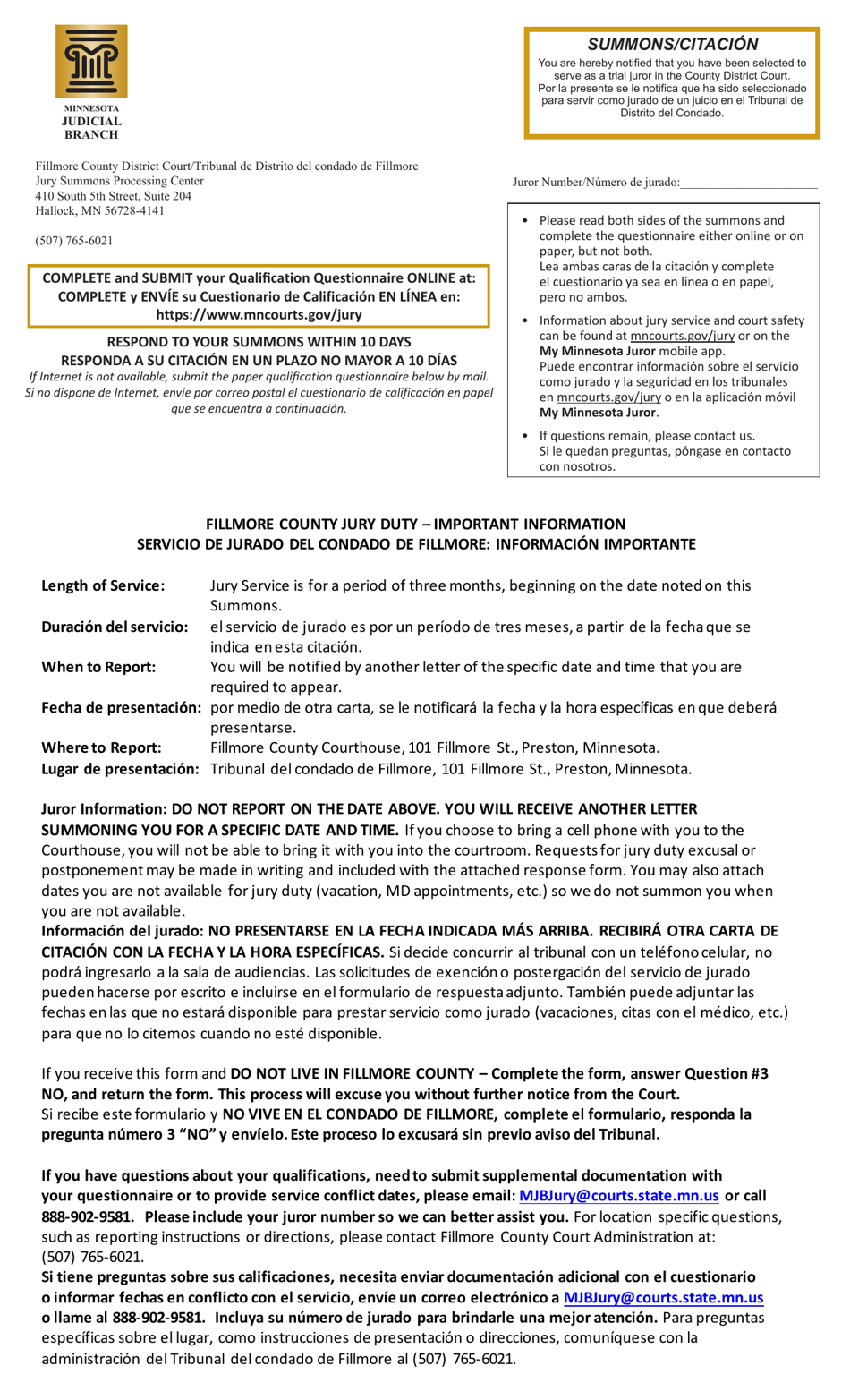 Summons and Qualification Questionnaire - Fillmore County - Minnesota (English / Spanish), Page 1