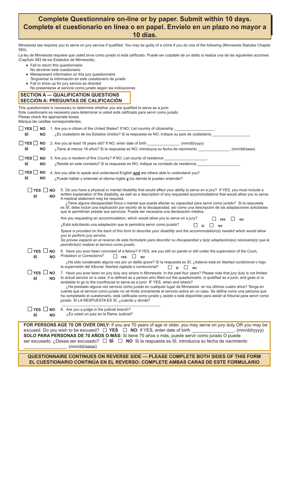 Summons and Qualification Questionnaire - Fillmore County - Minnesota (English / Spanish), Page 3