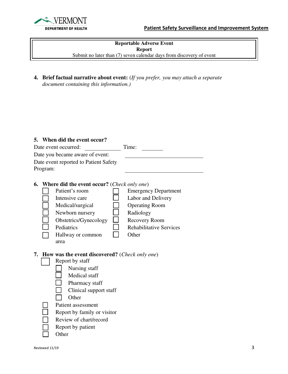 Reportable Adverse Event Report - Vermont, Page 3