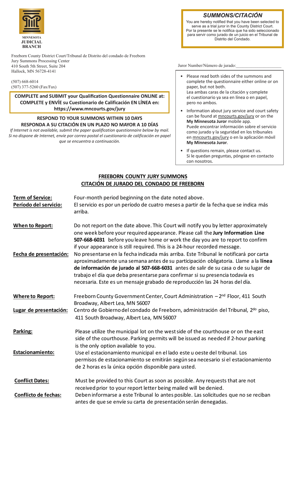 Summons and Qualification Questionnaire - Freeborn County - Minnesota (English / Spanish), Page 1