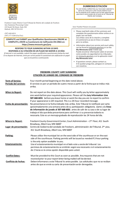 Summons and Qualification Questionnaire - Freeborn County - Minnesota (English / Spanish) Download Pdf