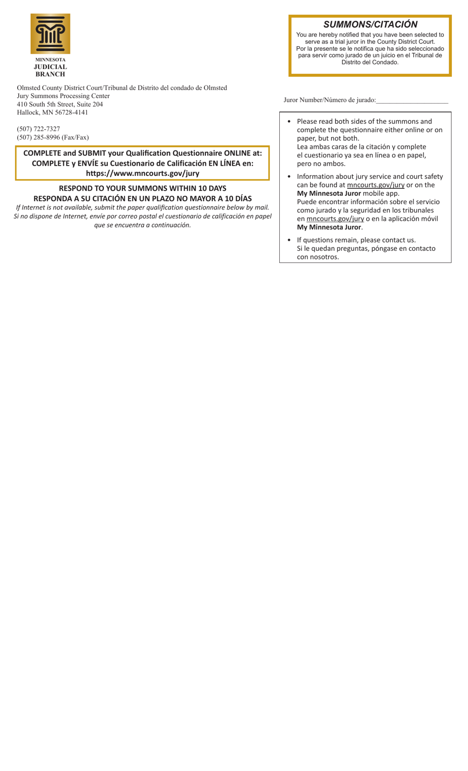 Summons and Qualification Questionnaire - Olmsted County - Minnesota (English / Spanish), Page 1