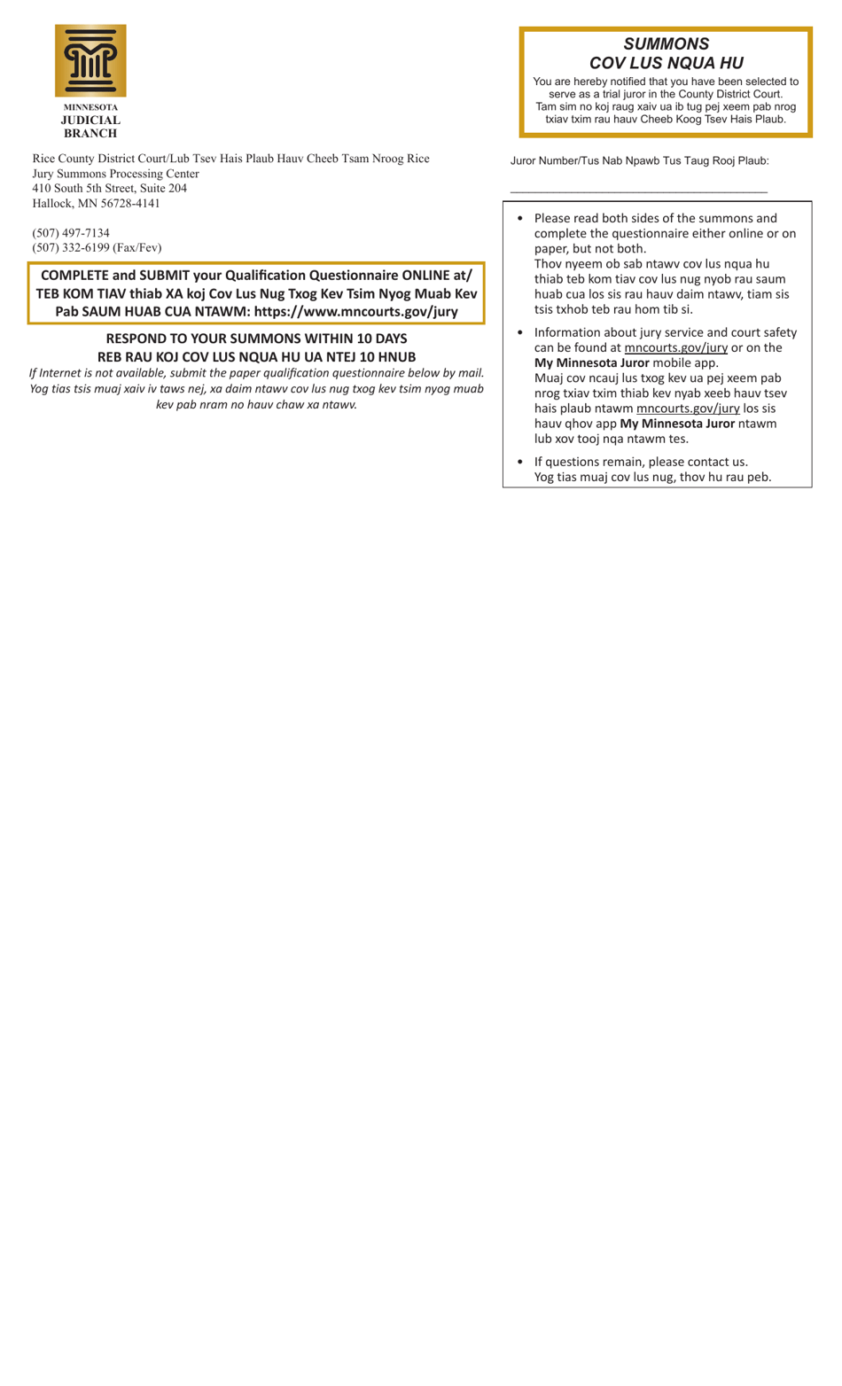 Summons and Qualification Questionnaire - Rice County - Minnesota (English / Hmong), Page 1