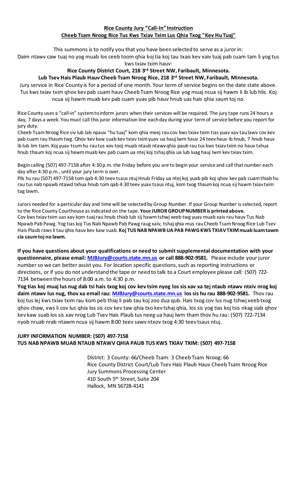 Summons and Qualification Questionnaire - Rice County - Minnesota (English / Hmong), Page 2